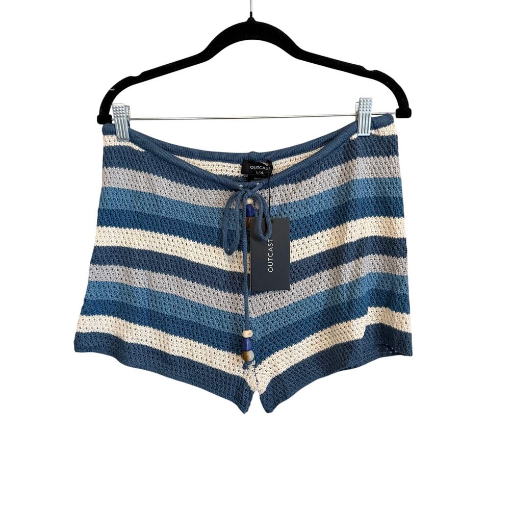 Outcast Lanaa Crochet Swim Shorts L/XL Blue Striped Beach Summer Vacation NWT